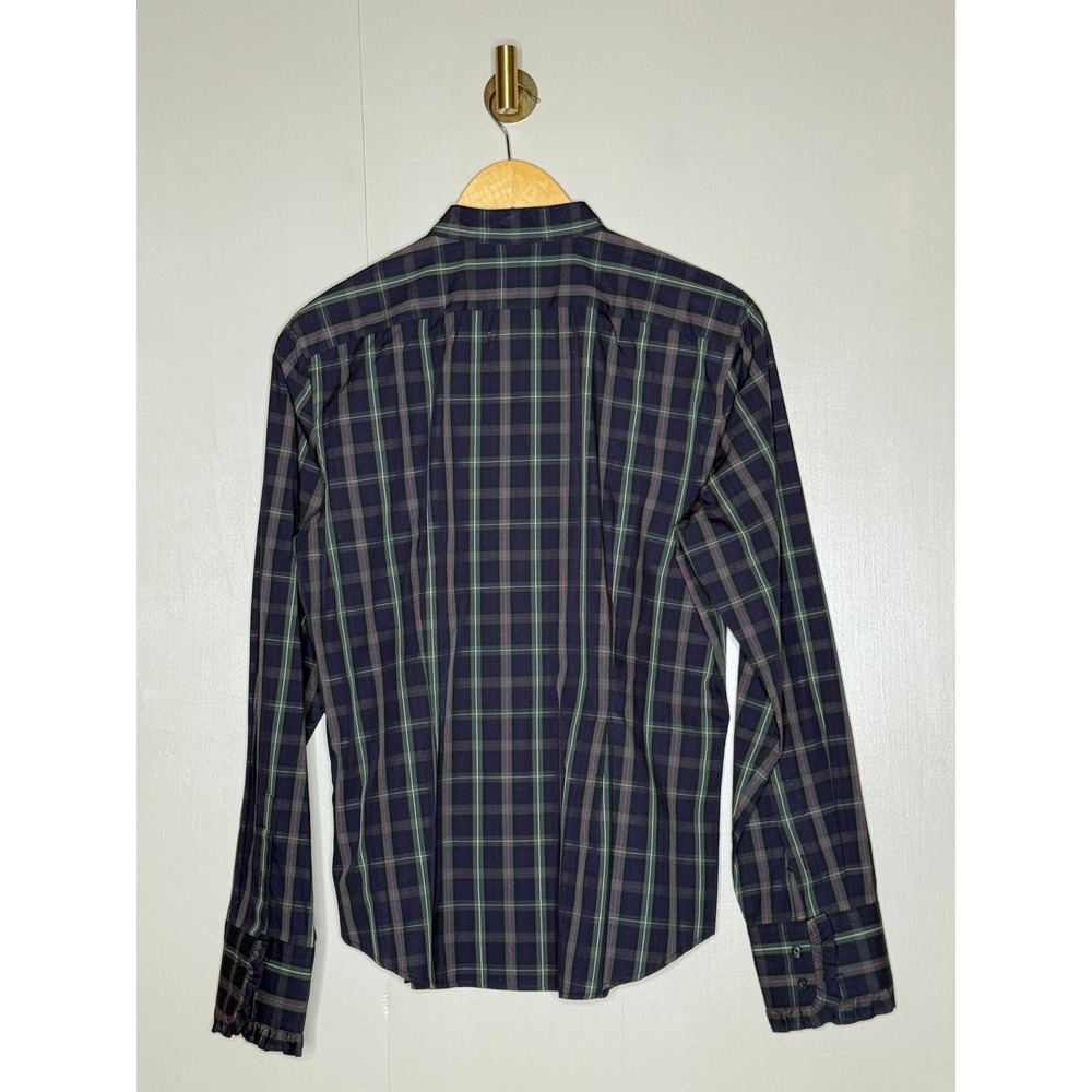 Chaps Navy Blue‎ Green Plaid Ruffle Front Band Collar Button Down Shirt Large - Picture 3 of 8